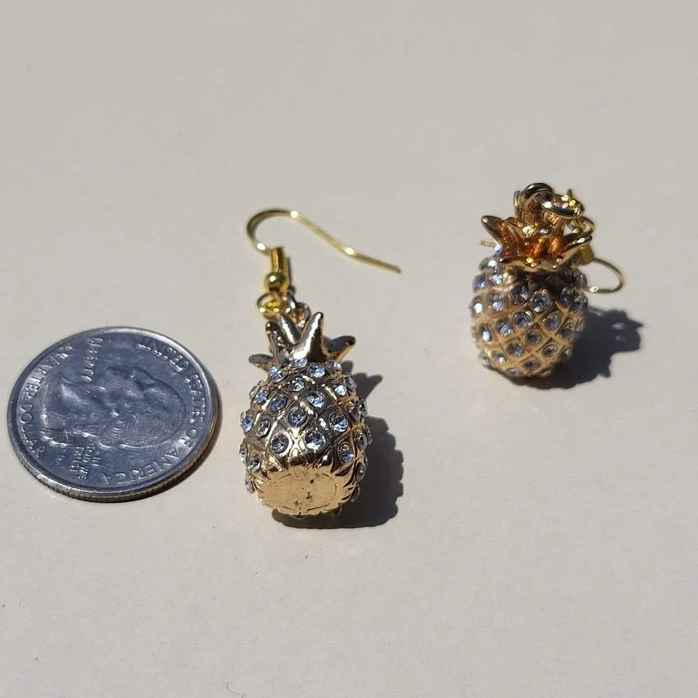 Gold Tone Rhinestone Pineapple Drop Earrings Gold Tropical Kitsch Dangle